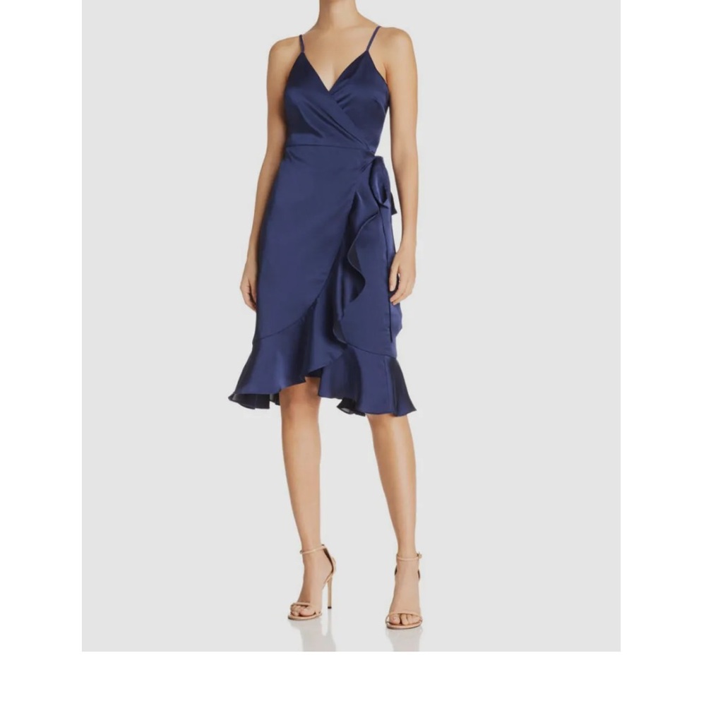 Aqua Blue Satin V-Neck Ruffle-Trim Wrap Dress - XS